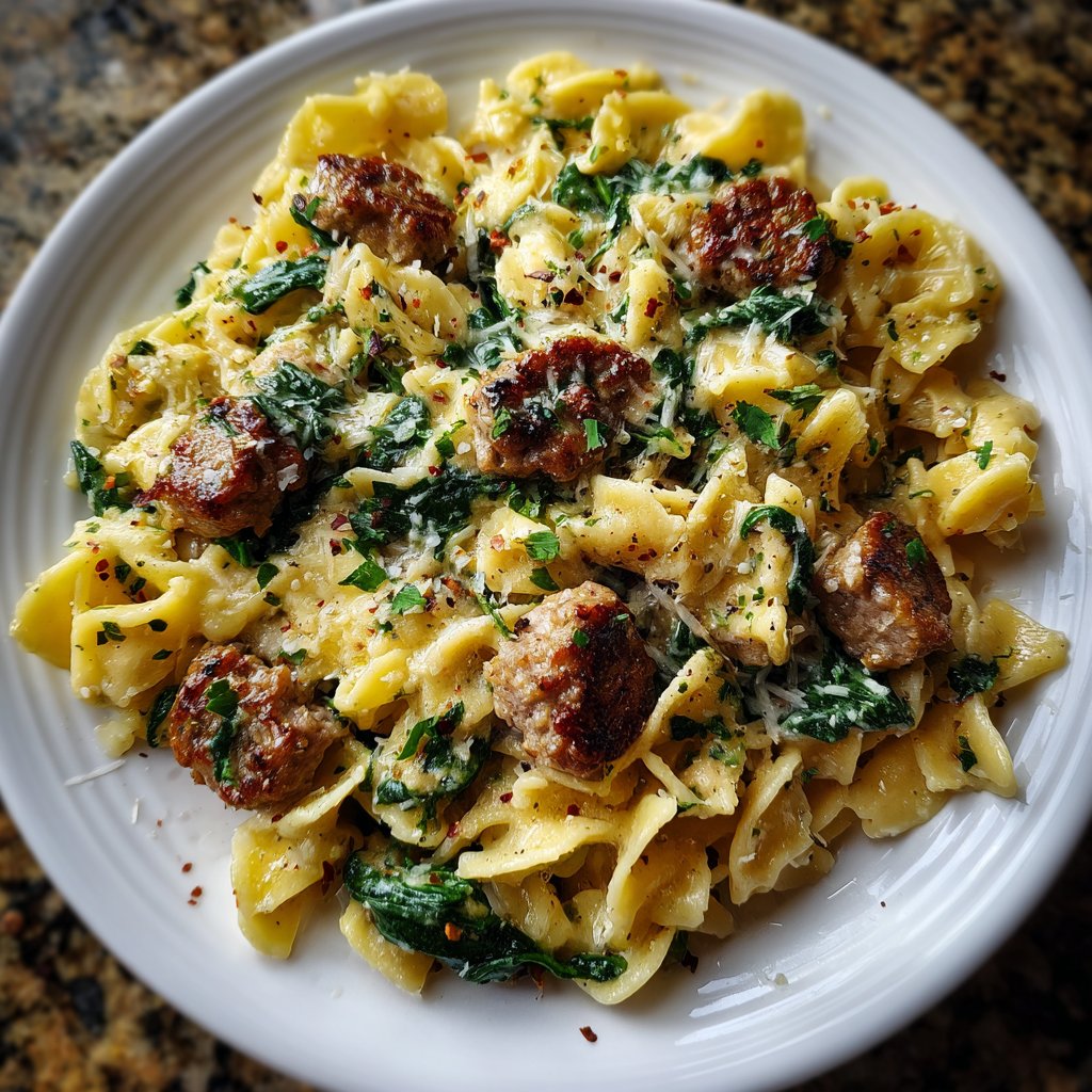 One Pot Creamy Cajun Sausage Pasta with Spinach